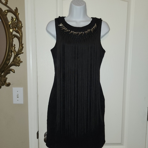 Black fringe tank style bodycon dress with spiked studs and fringe sz Large NWT - Picture 12 of 12